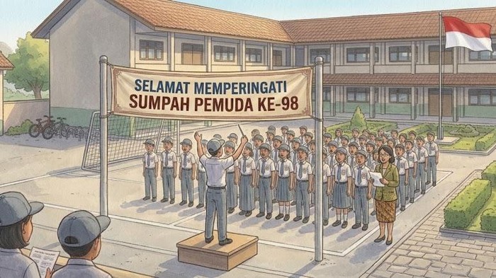 Ilustrasi menyanyikan lagu nasional dalam upacara Hari Sumpah Pemuda