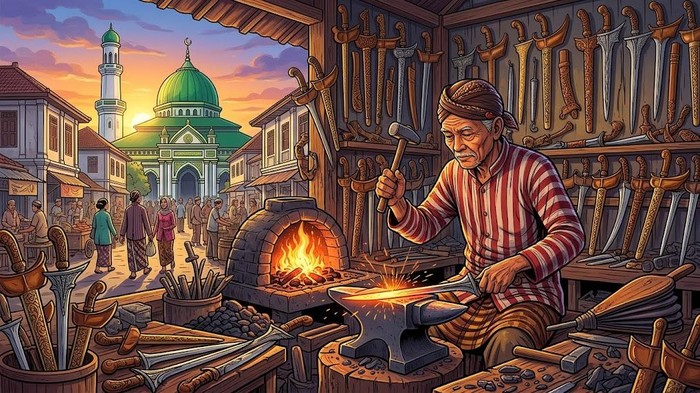 Ilustrasi perajin keris di Sumenep. Kabupaten Sumenep dijuluki Kota Keris.