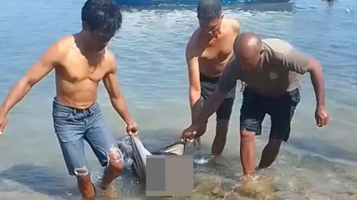Jenazah pria ODGJ saat dievakuasi seusai ditemukan mengapung di Pantai Nunhila, Kecamatan Alak, Kota Kupang, NTT, Rabu, (28/10/2026). (Istimewa).