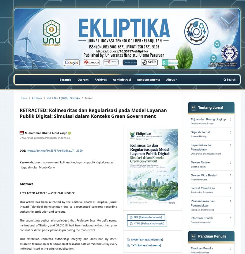 Koreksi artikel di Jurnal Ekliptika Artikel di jurnal Ekliptika sempat dikoreksi dengan menghapus seluruh nama co-author