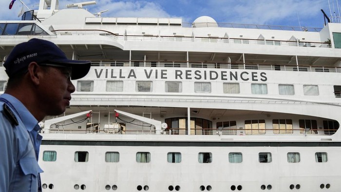 Drone view of the Villa Vie Odyssey cruise ship docking at Sihanoukville Autonomous Port, after permanent residents living aboard the vessel were forced to disembark in Cambodia, as the operator said rising fuel prices linked to conflict involving Iran had made operations prohibitively expensive, in Preah Sihanouk province, Cambodia, October 28, 2026. REUTERS/Soveit Yarn