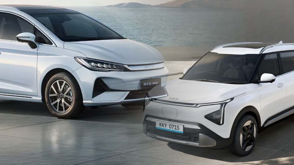 Kolase BYD M6 EV dan Kia Carens EV. Kolase BYD M6 EV dan Kia Carens EV. (Istimewa)