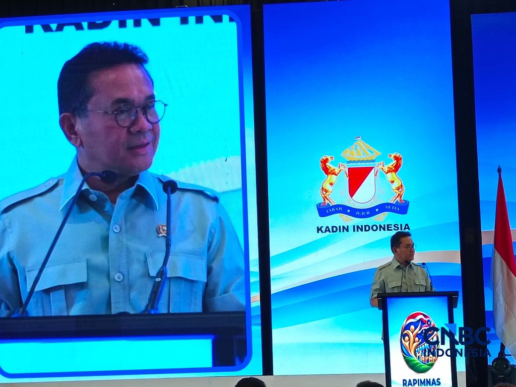 Menteri Perdagangan (Mendag) Budi Santoso saat memberikan paparannya di acara Rapimnas Kadin 2026 di Jakarta, Jumat (30/10/2026). (CNBC Indonesia/Martyasari Rizky)