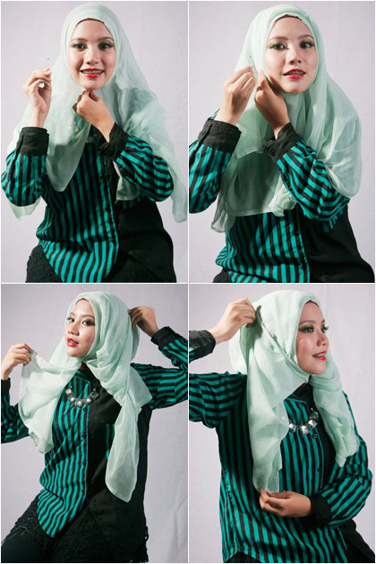 Tutorial Hijab dengan Aksen Wave Menggunakan Scarf Segiempat