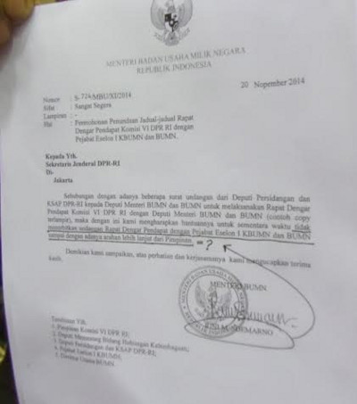 Ini Surat Permintaan Penundaan Rapat dari Menteri Rini 