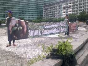 Pecinta Orang Utan Bagi Bibit Mahoni di Bundaran HI