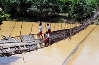 Hanya murid yang bisa berenang saja yang berani meniti jembatan yang putus sebelah itu. Sedang yang tidak bisa berenang harus memutar sejauh 6 kilometer. ANTARA/Asep Fathulrahman.