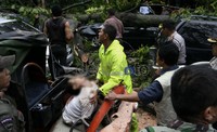 Petugas dibantu warga mengevakusi sopir bajaj yang tewas tertimpa pohon. Ramses/detikcom.