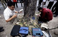 Petugas suku dinas pertamanan dan mahasiswa kehutanan dan pertanian IPB memeriksa sebatang pohon di Jalan Medan Merdeka Selatan, Jakarta Pusat. Jhoni Hutapea/detikcom.