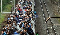Ratusan penumpang kereta listrik tujuan Bogor-Jakarta bergelantungan dan duduk di atap gerbong kereta saat melintas di kawasan Depok. Fikri Hidayat Rangkuti/detikcom