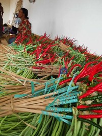 Aneka sayur-sayuran seperti kacang panjang dan lombok merah merupakan salah satu bahan dasar pembuatan gunungan lanang.