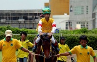 Seorang joki mengikuti Kejuaraan Pacuan Kuda Minang Derby 2012 di Gelanggang Pacuan Kuda Pulomas, Jakarta, Minggu (12/2/2012).