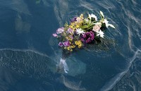 Rangkaian bunga untuk mengenang korban terlihat di laut daerah yang terkena dampak bencana untuk memperingati ulang tahun pertama bencana yang menewaskan ribuan dan memicu krisis nuklir.Reuters / Carlos Barria