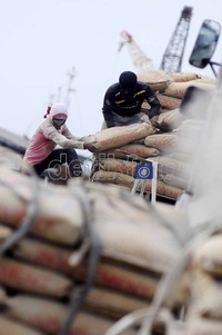 Dua orang pekerja melakukan aktivitas bongkar muat semen di Kawasan Sunda Kelapa, Jakarta. Produksi semen nasional di tahun 2012 diprediksi naik 4,4 persen menjadi 56,8 juta ton dibanding 2011.