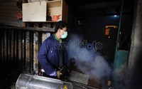 Petugas melakukan fogging atau pengasapan pada rumah warga RT 10 di Kawasan Tanah Abang, Jakarta.