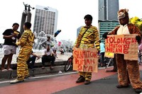 Mereka membagikan stiker ajakan untuk menyelamatkan hutan dan harimau kepada warga yang mengisi hari libur di kawasan Bundaran HI, Jakarta.