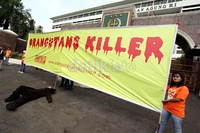 Ringannya tuntutan dan vonis kasus pembantaian orangutan, Centre for Orangutan Protection (COP), menggelar aksi unjukrasa, di depan Kantor Jaksa Agung, Jakarta.