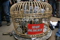 Dalam aksinya para pendemo juga membawa kandang yang di beri tulisan Babi Ngepet Arnas, Urang Ling Lung.(Ramses/detikcom)