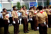 Pramuka saat mengikuti upacara peringatan HUT ke-48 Lembaga Pemasyarakatan.