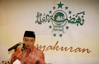 Said Agil Siradj yang juga Ketua Umum PBNU memberikan sambutan dalam acara tasyakuran yang digelar di Gedung PBNU, Jakarta.