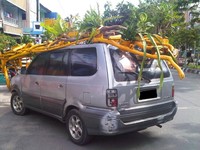 Bagian atap mobil dipenuhi dengan pot berbagai tanaman (Foto: Yunanto Gaib Widodo).