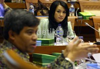 Karolin menyimak keterangan yang disampaikan peserta rapat di Komisi IX DPR. Ramses/detikcom.