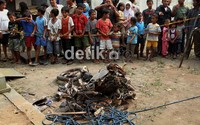 Sebuah sepeda motor hancur tertimpa benda tersebut.