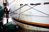 Para pekerja melakukan perawatan terhadap kapal Pinisi di Pelabuhan Sunda Kelapa, Jakarta.