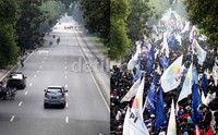 Aksi demo tersebut mengakibatkan arus lalu lintas yang mengarah ke Istana macet total, sementara arah sebaliknya tampak lancar.