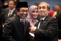 Ketua BPK Hadi Purnomo dan Muliaman Darmansyah terlihat dekat dalam pelantikan ini.
