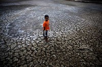 Seorang anak bermain di lahan tambak yang telah mengering di kawasan Tanjung Pasir, Tangerang.