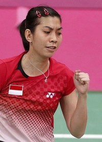 Adriyanti Firdasari merayakan kemenangan. Di babak 16 besar, Firda sudah dinanti lawan yang berat. Ia akan berhadapan dengan pemain peringkat 2 dunia asal China,Wang Xin. Reuters/Bazuki Muhammad.