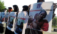 Massa akhwat KAMMI membawa poster yang menampilkan gambar penderitaan muslim Rohingya di Myanmar. (M Nur Abdurahman/detikcom).