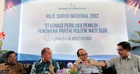 Direktur Riset Charta Politika Yunarto Wijaya (kedua kanan) bersama dengan (kanan-kiri) Ketua Bappilu Partai Nasdem Ferry Mursyidan Baldan, Wasekjen Partai Demokrat Saan Mustopa dan Sekjen Partai Golkar Idrus Marham menjadi pembicara dalam rilis survei nasional 2012 terbaru Charta Politika.