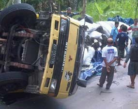 Truk Muat Rumput Laut Terguling