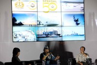 Komandan Sekolah Staf dan Komando Angkatan Laut Laksamana muda TNI Arief Rudianto memberikan penjelasan terkait HUT ke-50 Seskoal yang akan digelar di Ancol, Jakarta Utara.