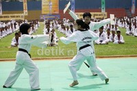 Tya Ariesta menunjukkan kemampuan beladirinya.