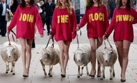Para model membawa domba di jalan Oxford, London. Mereka mengkampanyekan hemat baju wol dengan cara mendaur ulang baju wol lama ke 2 toko yang mensponsori aksi ini.