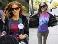 Sarah Jessica Parker menunjukkan dukungannya terhadap Presiden Obama dengan memakai kaos dan pin bertuliskan Viva Obama. (Splash News; PacificCoastNews.com; eonline)
