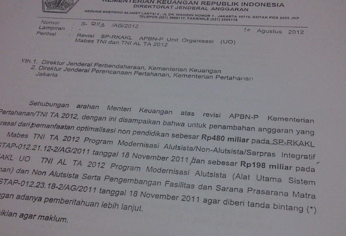 Ini Surat Kemenkeu yang Bintangi Anggaran Kemenhan