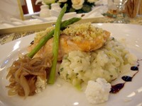 Horseradish Crusted Salmon with Herbed Risotto and Balsamic Glazed Onions