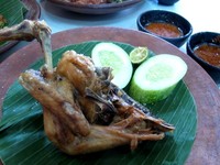 Karena ayamnya digoreng hingga benar-benar kering, teksturnya juga jadi super renyah. Saat mendarat di mulut, rasa gurih nikmat langsung menyengat. Ayam yang dipakai adalah jenis ayam kampung yang usianya masih sekitar 3 bulan sehingga masih mungil, empuk dan tidak berlemak. Menu paket 1/2 ayam goreng Taliwang plus nasi dan pelecing kangkung dihargai Rp. 25.000.