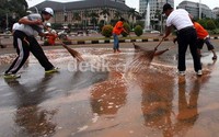 Kawasan monass terlihat kotor oleh tanah paska perayaan menyambut Tahun Baru 2013.