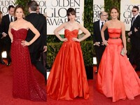 Jennifer Garner, Zooey Deschanel, dan Jennifer Lawrence memilih gaun berwarna merah di acara Golden Globe Awards 2013. Jason Merritt/Getty Images.