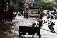 Banjir yang menggenangi Jalan Panjang setinggi paha orang dewasa.