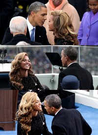 Presiden Obama sedikit berbincang-bincang dengan Beyonce. (Rob Carr/Getty Images; Win McNamee/Getty Images; Mark Wilson/Getty Images)