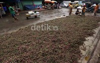 Bawang merah yang terendam banjir, dijemur dan dibersihkan, dibadan jalan dikawasan Pasar Induk Kramat Jati, Jakarta, oleh pedagang.