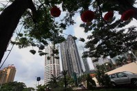Lampu lampion dan lampu hias cabe yang digantungkan di pohon, menghiasi keindahan kawasan perkantoran SCBD, Senin (28/13).