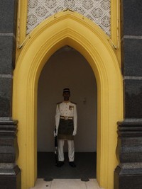 Penjaga Istana Negara yang berasal dari Rejimen Askar Melayu Diraja. Istana ini diperuntukan untuk menjamu para tamu-tamu kehormatan atau dari negara-negara sahabat (Marwan/detikTravel)