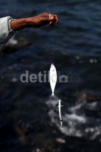 Warga menunjukkan ikan hasil memancing.